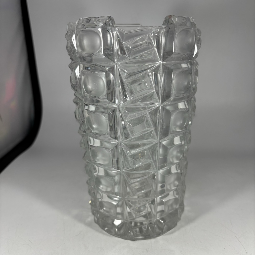 Crystal Large Heavy‎ Vase Raised Blocks and Circles Pressed Glass